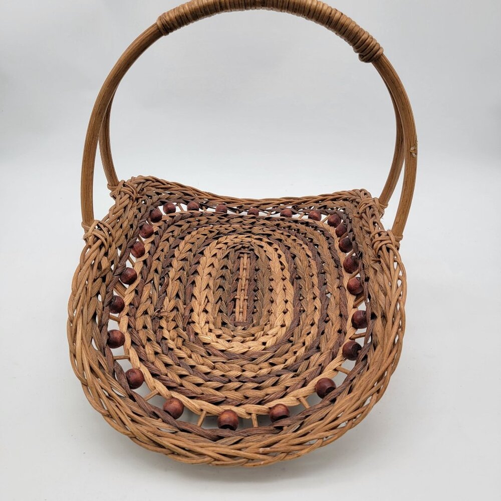 Vintage Wicker & Bead Decorative Basket With Handle - Picture 3 of 8